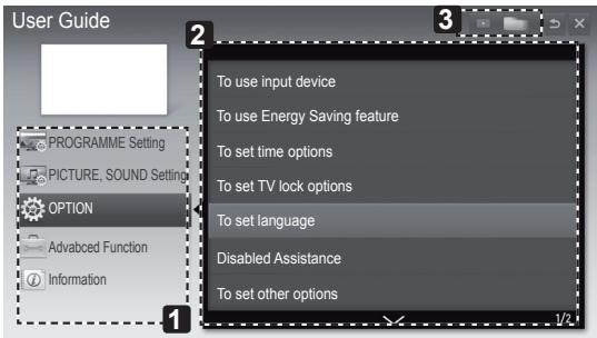 User Guide PROGRAMME Setting PICTURE, SOUND Setting OPTION Advanced Function Information To use input device To use Energy Saving feature To set time options To set TV lock options To set language Disabled Assistance To set other options 1/2