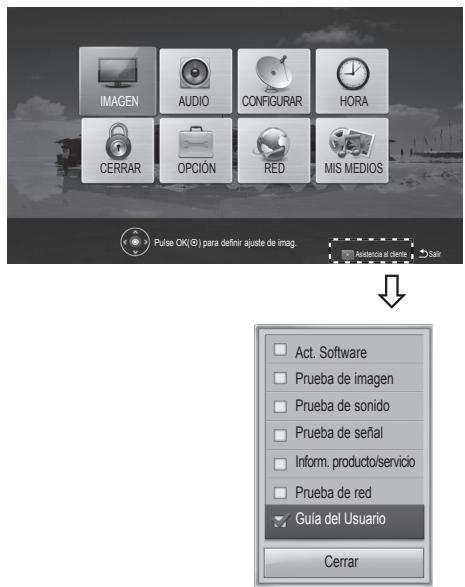 IMAGEN AUDIO CONFIGURAR HORA CERRAR OPCIÓN RED MIS MEDIOS Pulse OK(©) para definir ajuste de imag. Austensa el cliente Suir Act. Software Prueba de imagen Prueba de sonido Prueba de señal Inform. producto/servicio Prueba de red Guía del Usuario Cerrar