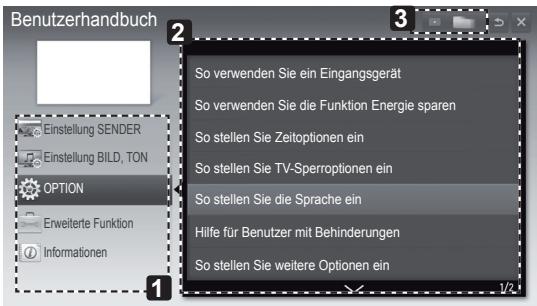 Benutzerhandbuch Einstellung SENDER Einstellung BILD, TON OPTION Erweiterte Funktion Informationen So verwenden Sie ein Eingangsgerät So verwenden Sie die Funktion Energie sparen So stellen Sie Zeitoptionen ein So stellen Sie TV-Sperroptionen ein So stellen Sie die Sprache ein Hilfe für Benutzer mit Behinderungen So stellen Sie weitere Optionen ein