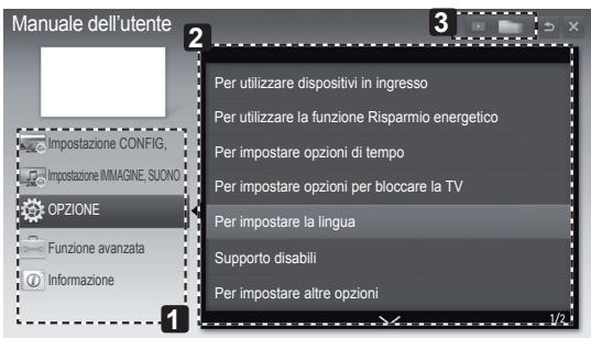 Manuale dell'utente 2 Impostazione CONFIG, Impostazione IMIMAGNE, SUONO OPZIONE Funzione avanzata Informazione 1 Per utilizzare dispositivi in ingresso Per utilizzare la funzione Risparmio energetico Per impostare opzioni di tempo Per impostare opzioni per bloccare la TV Per impostare la lingua Supporto disabili Per impostare altre opzioni 3 1/2