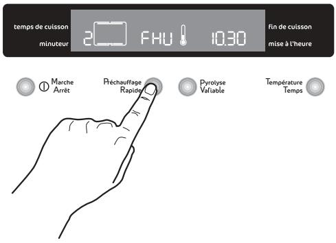 temps de cuisson minuteur 2 FHU 10:30 fin de cuisson mise à l'heure Marche Arrêt Préchauffage Rapide Pyrolyse Valfiable Température Temps