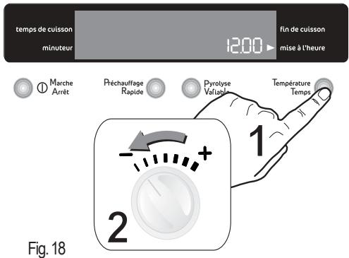 temps de cuisson minuteur 1200 fin de cuisson mise à l'heure ① Marche Arrêt Préchauffage Rapide Pyrolyse Valitable Température Temps 1 2 Fig. 18
