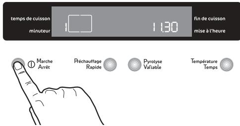 temps de cuisson minuteur 1:00 1:30 fin de cuisson mise à l'heure Marche Arrêt Préchauffage Rapide Pyrolyse Valable Température Temps