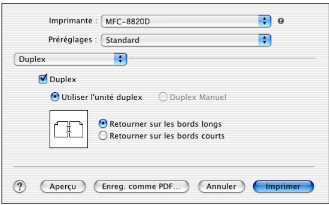 Imprimante : MFC-8820D Préréglages : Standard Duplex Duplex Utiliser l'unité duplex Duplex Manuel Retourner sur les bords longs Retourner sur les bords courts Aperçu Enreg. comme PDF... Annuler Imprimer