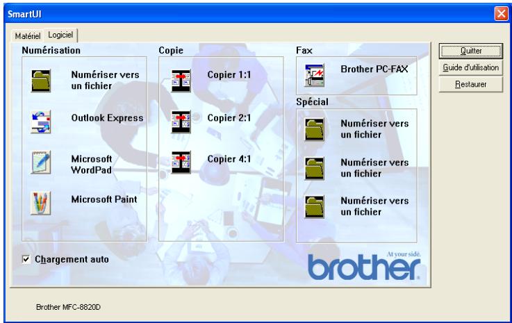 SmartUI Matériel Logiciel Numérisation Copie Fax Brother PC-FAX Spécial Numériser vers un fichier Numériser vers un fichier Numériser vers un fichier Outlook Express Copier 1:1 Copier 2:1 Copier 4:1 Microsoft WordPad Microsoft Paint Microsoft Paint Microsoft Paint Chargement auto Brother MFC-8820D At your sidé. Quitter Guide d'utilisation Restaurer