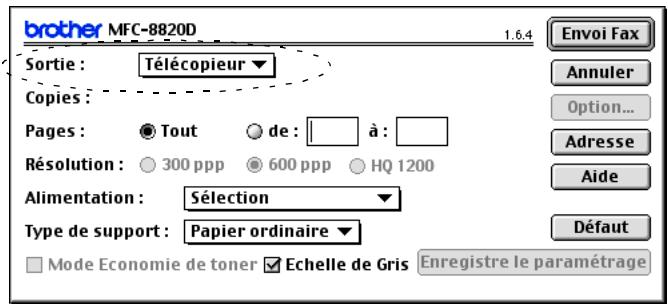 brother MFC-8820D Sortie : Télécopieur ▼ Copies : Pages : Tout de : à : Résolution : 300 ppp 600 ppp HQ 1200 Alimentation : Sélection ▼ Type de support : Papier ordinaire ▼ Envoi Fax Annuler Option... Adresse Aide Défaut Mode Economie de toner Echelle de Gris Enregistre le paramétrage