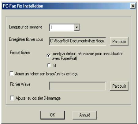 PC-Fax Rx Installation Longueur de sonnerie 1 Enregistrer fichier sous C:\ScanSoft Documents\Fax Reçu Parcourir Format fichier max(par défaut, nécessaire pour une utilisation avec Paper(Pott) tif Jouer un fichier son lorsqu'un fax est reçu Fichier Wave Parcourir Ajouter au dossier Démarrage OK Annulé