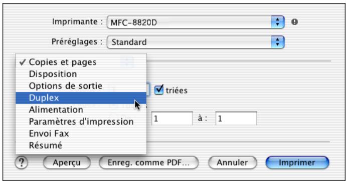 Imprimante : MFC-8820D Préréglages : Standard ✓ Copies et pages Disposition Options de sortie Duplex Alimentation Paramètres d'impression Envoi Fax Résumé 1 à : 1 Aperçu Enreg. comme PDF... Annuler Imprimer