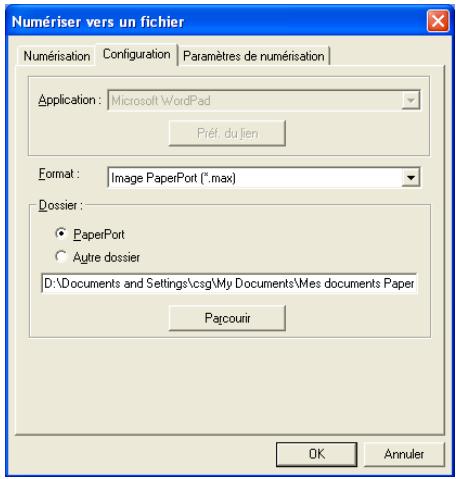 Numériser vers un fichier Numérisation Configuration Paramètres de numérisation Application: Microsoft WordPad Préf. du lien Format: Image PaperPort (*.max) Dossier: • PaperPort • Autre dossier D:\Documents and Settings\csg\My Documents\Mes documents Paper Parcourir OK Annuler