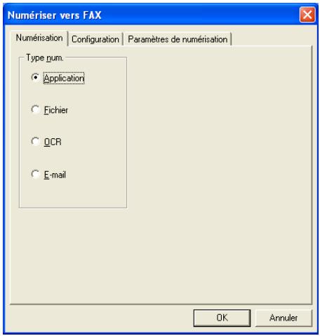 Numériser vers FAX Numérisation | Configuration | Paramètres de numérisation | Type num. • Application • Eichier • QCR • E-mail OK Annuler