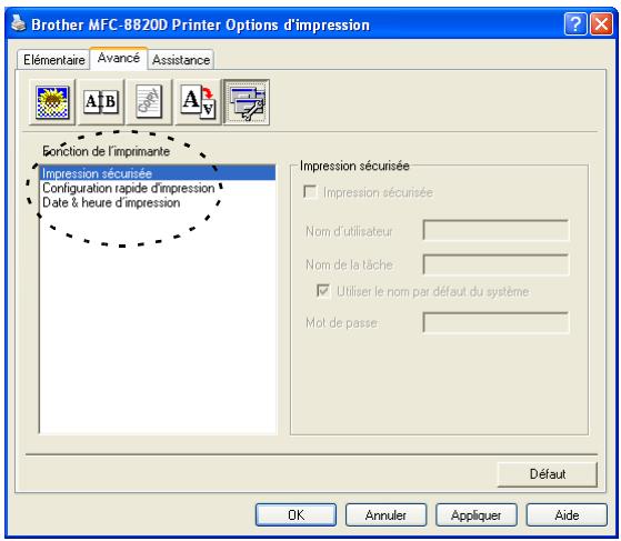 Brother MFC-8820D Printer Options d'impression Élémentsaire Avancé Assistance Bonction de l'imprimante Impression sécurisée Configuration rapide d'impression Date & heure d'impression Impression sécurisée Impression sécurisée Nom d'utilisateur Nom de la tâche Utiliser le nom par défaut du système Mot de passe Défaut OK Annuler Appliquer Aide