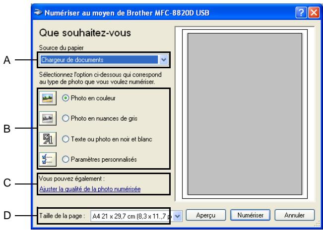 Numériser au moyen de Brother MFC-8820D USB Que souhaitez-vous Source du papier Chargeur de documents Sélectionnez l'option ci-dessous qui correspond au type de photo que vous voulez numériser. Photo en couleur Photo en nuances de gris Texte ou photo en noir et blanc Paramètres personnalisés Vous pouvez également : Ajuster la qualité de la photo numérisée Taille de la page : A4 21 x 29.7 cm (8.3 x 11.7 p Aperçu Numériser Annuler