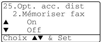 25. Opt. acc. dist 2. Mémoriser fax ▲ On ▼ Off Choix ▲▼ & Set