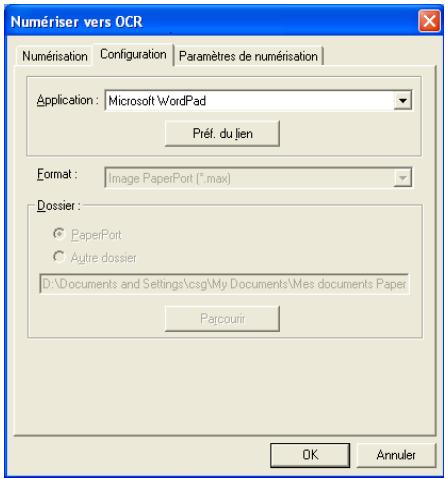 Numériser vers OCR Numérisation Configuration Paramètres de numérisation Application: Microsoft WordPad Préf. du lien Format: Image PaperPort (*.max) Dossier: PaperPort Autre dossier D:\Documents and Settings\csg\My Documents\Mes documents Paper Parcourir OK Annuler