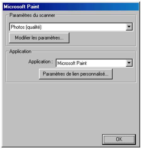 Microsoft Paint Paramètres du scanner Photos (qualité) Modifier les paramètres... Application Application : Microsoft Paint Paramètres de lien personnalisé... OK