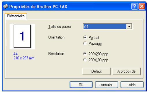 Propriétés de Brother PC-FAX Elémentaire Taille du papier A4 Orientation Portrait Paysage A4 210 x 297 mm Résolution 200x200 ppp 200x100 ppp Défaut A propos de OK Annuler Aide