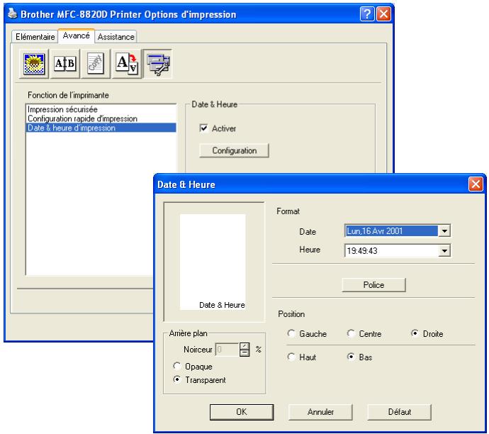 Brother MFC-8820D Printer Options d'impression Elémentaire Avancé Assistance A B A v Fonction de l'imprimante Impression sécurisée Configuration rapide d'impression Date & heure d'impression Date & Heure Activer Configuration Date & Heure Format Date Lun.16 Avr. 2001 Heure 19:49:43 Police Position Gauge Centre Droite Haut Bas Annière plan Noireur 0 % Opaque Transparent OK Annuler DÉfaut