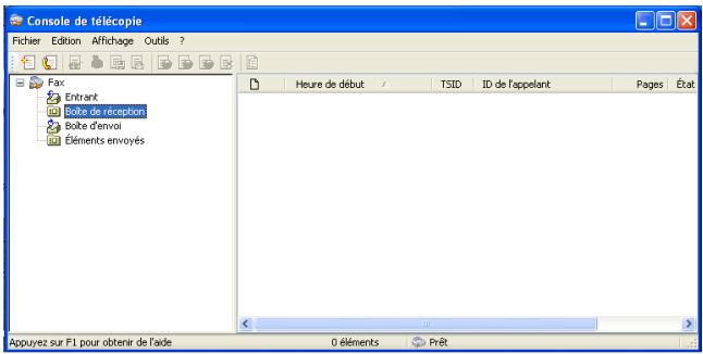 Console de télécopie Fichier Édition Afichage Outils ? Fax Entrant Bolte de réception Bolte d'envoi Éléments envoyés Heure de début TSID ID de l'appelant Pages État Appuyez sur F1 pour obtenir de l'aide 0 éléments Prêt