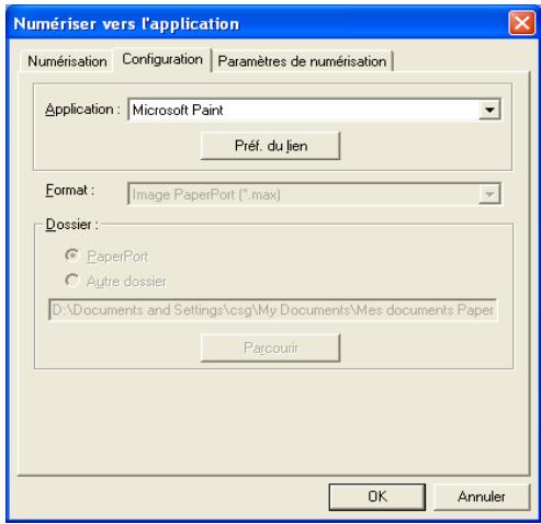 Numériser vers l'application Numérisation Configuration Paramètres de numérisation Application: Microsoft Paint Préf. du lien Format: Image PaperPort (*.max) Dossier: PaperPort Autre dossier D:\Documents and Settings\csg\My Documents\Mes documents Paper Parcourir OK Annuler