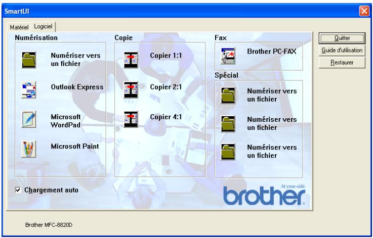 SmartUI Matériel Logiciel Numérisation Copie Fax Brother PC-FAX Spécial Numériser vers un fichier Numériser vers un fichier Numériser vers un fichier Outlook Express Copier 1:1 Copier 2:1 Copier 4:1 Microsoft WordPad Microsoft Paint Microsoft Paint Microsoft Paint Chargement auto Brother MFC-8820D