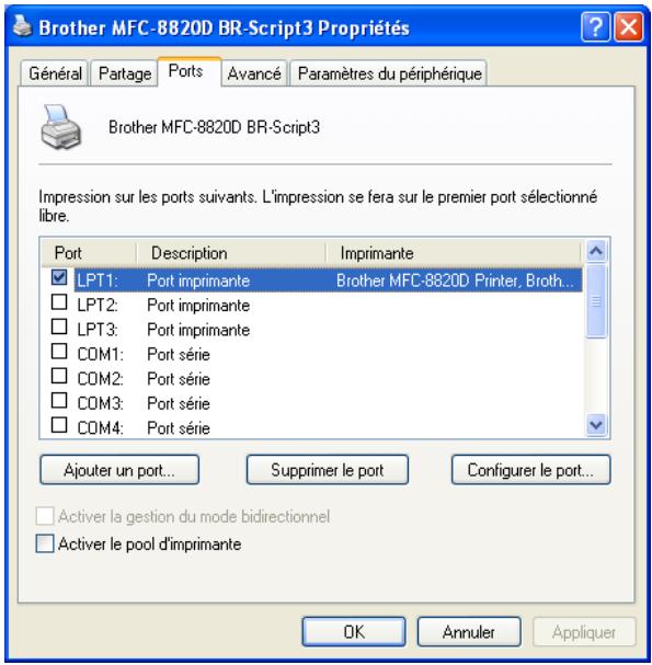 Brother MFC-8820D BR-Script3 Propriétés Général Partage Ports Avancé Paramètres du périphérique Brother MFC-8820D BR-Script3 Impression sur les ports suivants. L'impression se fera sur le premier port sélectionné libre. Port Description Imprimante ✓ LPT1: Port imprimante Brother MFC-8820D Printer, Broth... □ LPT2: Port imprimante □ LPT3: Port imprimante □ COM1: Port série □ COM2: Port série □ COM3: Port série □ COM4: Port série Ajouter un port... Supprimer le port Configurer le port... □ Activer la gestion du mode bidirectionnel □ Activer le pool d'imprimante OK Annuler Appliquer