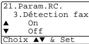 21.Param.RC. 3.Détection fax ▲ On ▼ Off Choix ▲▼ & Set