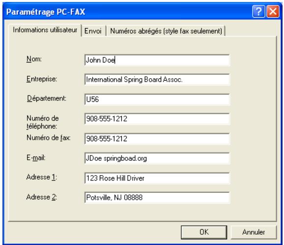 Paramétrage PC-FAX Informations utilisateur Envoi Numéros abrégés (style fax seulement) Nom: John Doe Entreprise: International Spring Board Assoc. Département: U56 Numéro de téléphone: 908-555-1212 Numéro de fax: 908-555-1212 E-mail: JDoe springboad.org Adresse 1: 123 Rose Hill Driver Adresse 2: Potsville, NJ 08888 OK Annuler