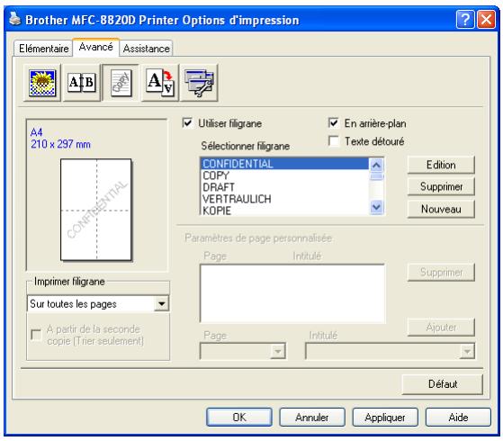 Brother MFC-8820D Printer Options d'impression Elémentaire Avancé Assistance A4 210 x 297 mm Utiliser filigrane En arrière-plan Sélectionner filigrane Texte détouré CONFIDENTIAL COPY DRAFT VERTRAULICH KOPIE Edition Supprimer Nouveau Paramètres de page personnalisée Page Initulé Supprimer Imprimer filigrane Sur toutes les pages A partir de la seconde copie (Trier seulement) Page Initulé Ajouter Défaut OK Annuler Appliquer Aide