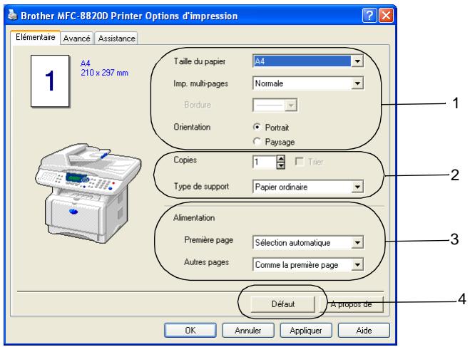 Brother MFC-8820D Printer Options d'impression Elémentaire Avancé Assistance A4 210 x 297 mm Taille du papier A4 Imp. multi-pages Nomale Bordure Orientation Portrait Paysage Copies 1 Trier Type de support Papier ordinaire Alimentation Première page Sélection automatique Autres pages Comme la première page Défaut A propos de OK Annuler Appliquer Aide