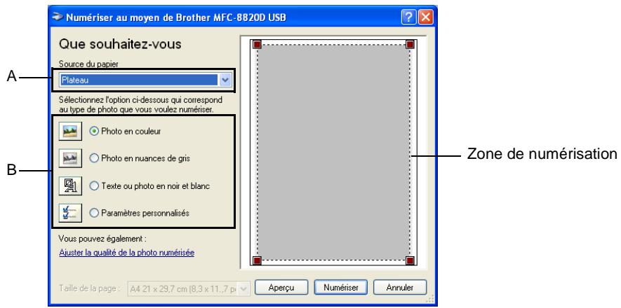 Numériser au moyen de Brother MFC-8820D USB Que souhaitez-vous Source du papier Plateau Sélectionnez l'option ci-dessous qui correspond au type de photo que vous voulez numériser. Photo en couleur Photo en nuances de gris Texte ou photo en noir et blanc Paramètres personnalisés B Vous pouvez également : Ajuster la qualité de la photo numérisée Taille de la page : A4 21 x 29,7 cm (8,3 x 11,7 p Aperçu Numériser Annuler Zone de numérisation