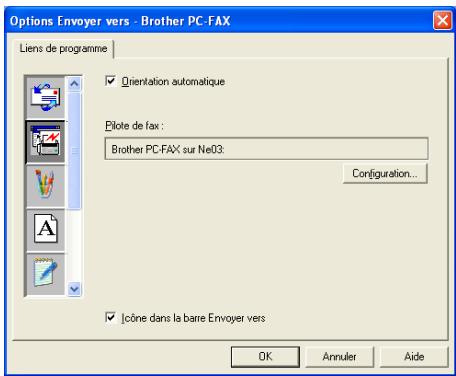Options Envoyer vers - Brother PC-FAX Liens de programme Orientation automatique Pilote de fax: Brother PC-FAX sur Ne03: Configuration... Icône dans la barre Envoyer vers OK Annuler Aide