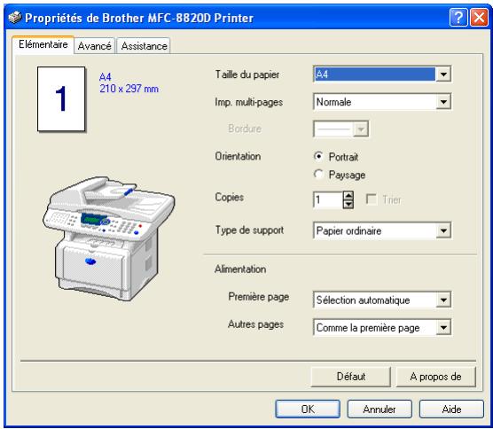 Propriétés de Brother MFC-8820D Printer Élémentaire Avancé Assistance A4 210 x 297 mm Taille du papier A4 Imp. multi-pages Normale Bordure Orientation Portrait Paysage Copies 1 Trier Type de support Papier ordinaire Alimentation Première page Sélection automatique Autres pages Comme la première page Défaut A propos de OK Annuler Aide