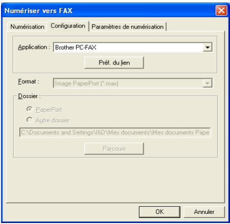 Numériser vers FAX Numérisation Configuration Paramètres de numérisation Application: Brother PC-FAX Préf. du lien Format: Image PaperPort (*.max) Dossier: ○ PaperPort ○ Autre dossier C:\Documents and Settings\J&D\Mes documents\Mes documents Paper Parcourir OK Annuler