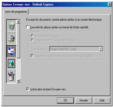 Options Envoyer vers - Outlook Express Liens de programme Envoyer les documents comme pièces jointes à un courier électronique. □ Convertir les pièces jointes au format de fichier spécifié □ Convertir ○ Documents et Images ○ Images PaperPort uniquement (1 max) Type de fichier: Image PaperPort (* max) □ Eusionner les documents en un seul fichier (à possible) ✓ Icône dans la barre Envoyer vers OK Annuler Aide