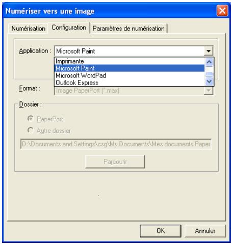 Numériser vers une image Numérisation Configuration Paramètres de numérisation Application: Microsoft Paint Imprimante Microsoft Paint Microsoft WordPad Outlook Express Format:(Image PaperPort (*.max) Dossier: PaperPort Autre dossier D:\Documents and Settings\csg\My Documents\Mes documents Paper Pacourir OK Annuler
