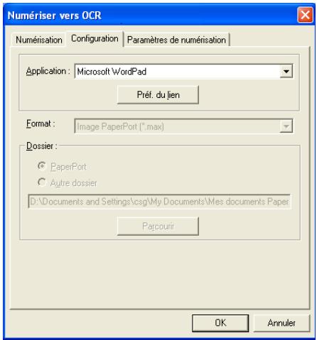 Numériser vers OCR Numérisation Configuration Paramètres de numérisation Application: Microsoft WordPad Préf. du lien Format: Image PaperPort (*.max) Dossier: PaperPort Autre dossier D:\Documents and Settings\csg\My Documents\Mes documents Paper Parcourir OK Annuler