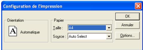 Configuration de l'impression Orientation Papier Taille: A4 Source: Auto Select OK Annuler Options...