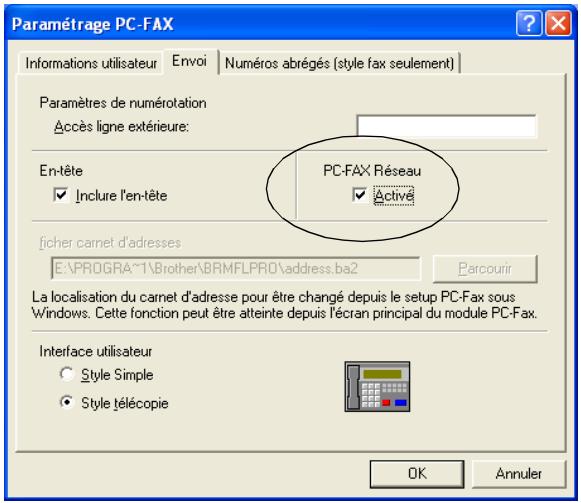 Paramétrage PC-FAX Informations utilisateur Envoi Numéros abrégés (style fax seulement) Paramètres de numérotation Accès ligne extérieure: En-tête ✓ Inclure l'en-tête PC-FAX Réseau ✓ Active ficher carnet d'adresses E:\PROGRAM~1\Brother\BRMFLPRO\address.ba2 Parcourir La localisation du carnet d'adresse pour être changé depuis le setup PC-Fax sous Windows. Cette fonction peut être atteinte depuis l'écran principal du module PC-Fax. Interface utilisateur ○ Style Simple ● Style télécopie OK Annuler