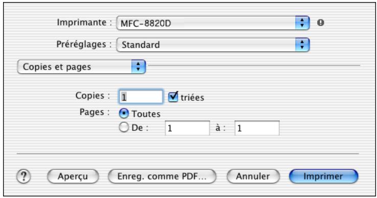 Imprimante : MFC-8820D Préréglages : Standard Copies et pages Copies : 1 triées Pages : Toutes De : 1 à : 1 Aperçu Enreg. comme PDF... Annuler Imprimer