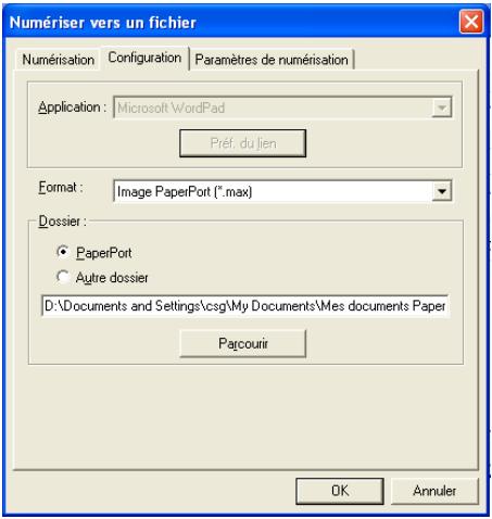 Numériser vers un fichier Numérisation Configuration Paramètres de numérisation Application: Microsoft\WordPad Préf, du lien Format:(Image PaperPort (*.max) Dossier: ● PaperPort ○ Autre dossier D:\Documents and Settings\csg\My Documents\Mes documents Paper Paccourir OK Annuler