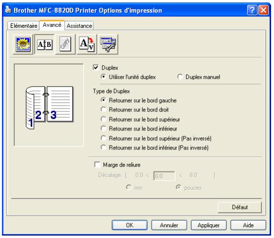 Brother MFC-8820D Printer Options d'impression Elémentaire Avancé Assistance A B A Duplex Utiliser l'unité duplex Duplex manuel Type de Duplex Retourner sur le bord gauche Retourner sur le bord droit Retourner sur le bord supérieur Retourner sur le bord inférieur Retourner sur le bord supérieur (Pas inversé) Retourner sur le bord inférieur (Pas inversé) Marge de reliure Décalage [ 0.0 < 0.0 < 8.0 ] mm pouces Défaut OK Annuler Appliquer Aide