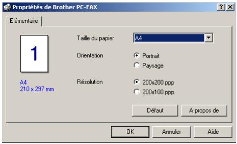 Propriétés de Brother PC-FAX Elémentaire Taille du papier A4 Orientation Portrait Paysage A4 210 x 297 mm Résolution 200x200 ppp 200x100 ppp Défaut A propos de OK Annuler Aide