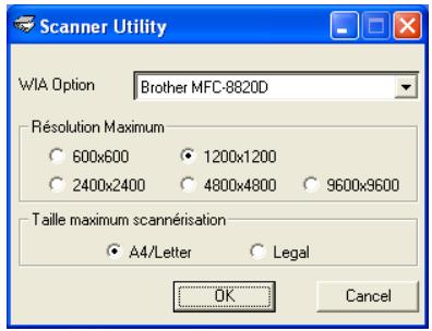 Scanner Utility WIA Option Brother MFC-8820D Résolution Maximum 600x600 1200x1200 2400x2400 4800x4800 9600x9600 Taille maximum scannérisation A4/Letter Legal OK Cancel