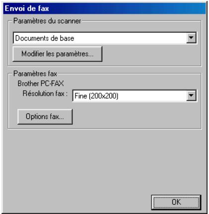 Envoi de fax Paramètres du scanner Documents de base Modifier les paramètres... Paramètres fax Brother PC-FAX Résolution fax : Fine (200x200) Options fax... OK