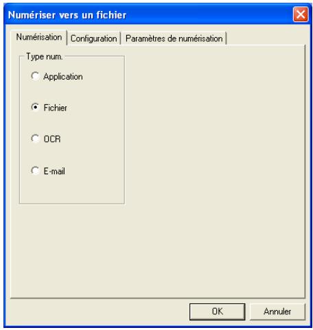 Numériser vers un fichier Numérisation | Configuration | Paramètres de numérisation | Type num. ○ Application ● Fichier ○ OCR ○ E-mail OK Annuler