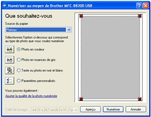 Numériser au moyen de Brother MFC-8820D USB Que souhaitez-vous Source du papier Plateau Sélectionnez l'option ci-dessous qui correspond au type de photo que vous voulez numériser. ○ Photo en couleur ○ Photo en nuances de gris ○ Texte ou photo en noir et blanc ○ Paramètres personnalisés Vous pouvez également : Ajuster la qualité de la photo numérisée Taille de la page : A4.21 x 29.7 cm (8.3 x 11.7 px Aperçu Numériser Annuler