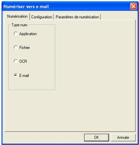 Numériser vers e-mail Numérisation | Configuration | Paramètres de numérisation | Type num. Application Fichier OCR E-mail OK Annuler