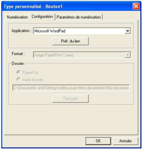 Type personnalisé - Bouton1 Numérisation Configuration Paramètres de numérisation Application: Microsoft WordPad Préf. du lien Format: Image PaperPort (*.max) Dossier: PaperPort Autre dossier C:\Documents and Settings\selina yuan\Mes documents\Mes documen Parcourir OK Annuler