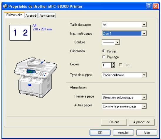 Propriétés de Brother MFC-8820D Printer Élémentaire Avancé Assistance 1 2 A4 210 x 297 mm Taille du papier A4 Imp. multi-pages 2 en 1 Bordure Orientation Portrait Paysage Copies 1 Trier Type de support Papier ordinaire Alimentation Première page Sélection automatique Autres pages Comme la première page Défaut A propos de OK Annuler Aide
