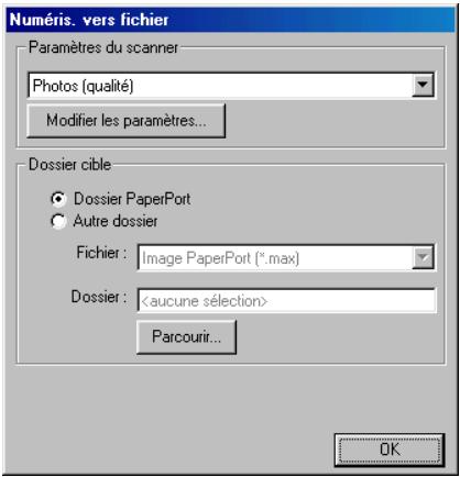 Numéris. vers fichier Paramètres du scanner Photos (qualité) Modifier les paramètres... Dossier cible • Dossier PaperPort • Autre dossier Fichier: Image PaperPort (*.max) Dossier: Parcourir... OK